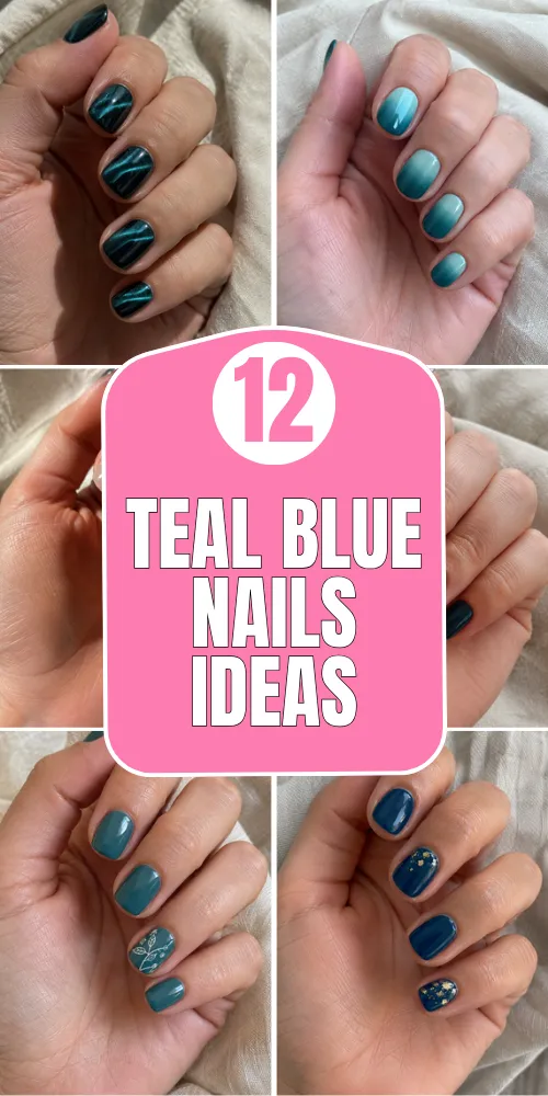 Short deep teal nails with gold foil accents