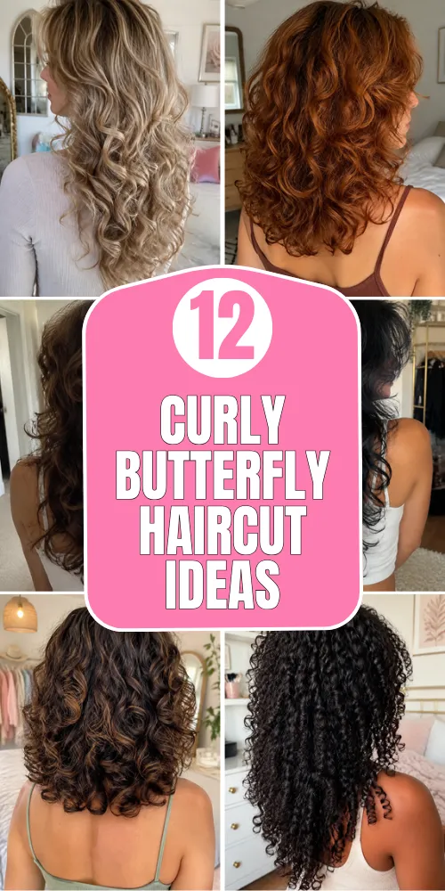 Long brunette curly butterfly haircut with loose cascading layers