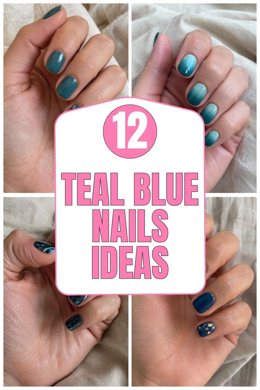 Short deep teal nails with gold foil accents