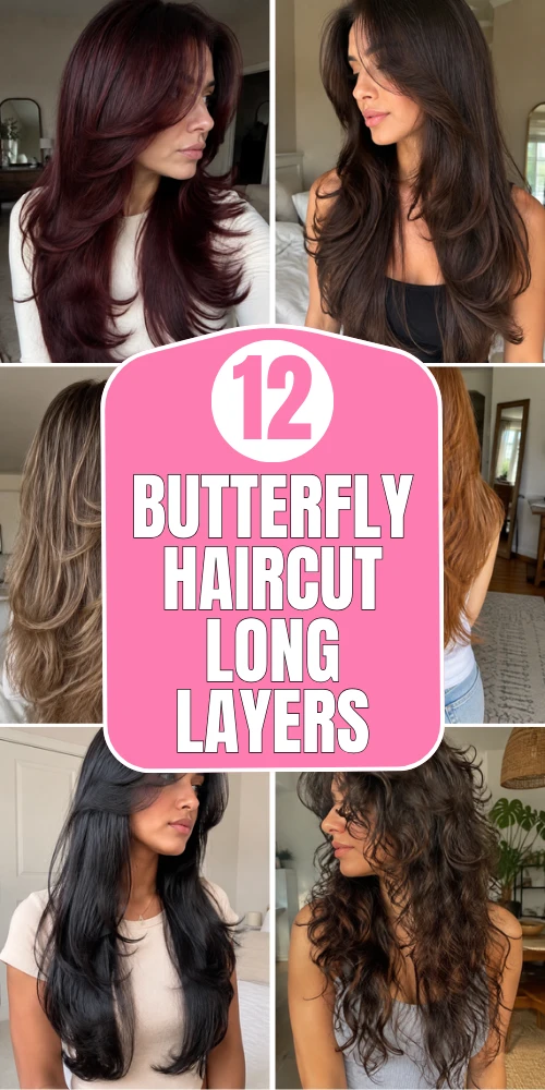 Classic brunette butterfly haircut with long face-framing layers