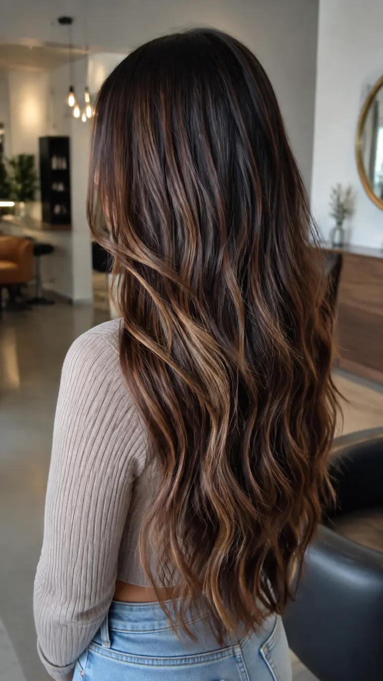 Brunette hair with soft caramel ribbon balayage