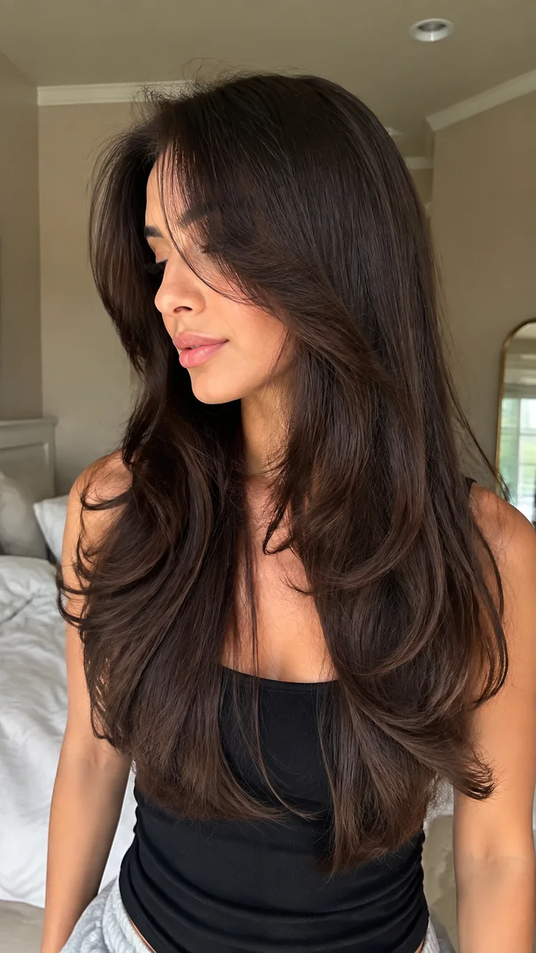 Classic brunette butterfly haircut with long face-framing layers