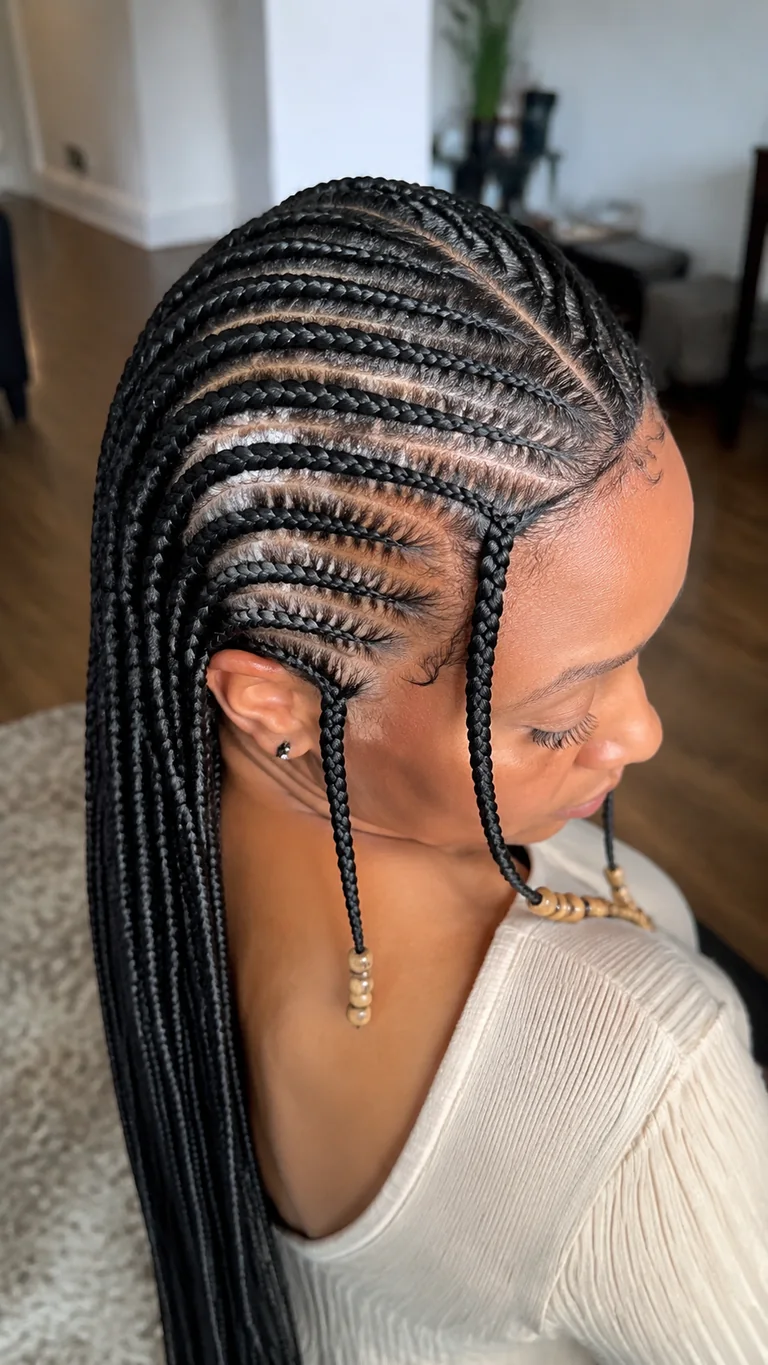 Natural center-part Fulani braids with wooden beads