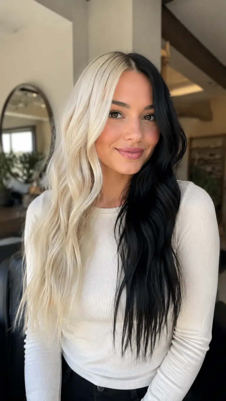 Classic half blonde half black straight hair split