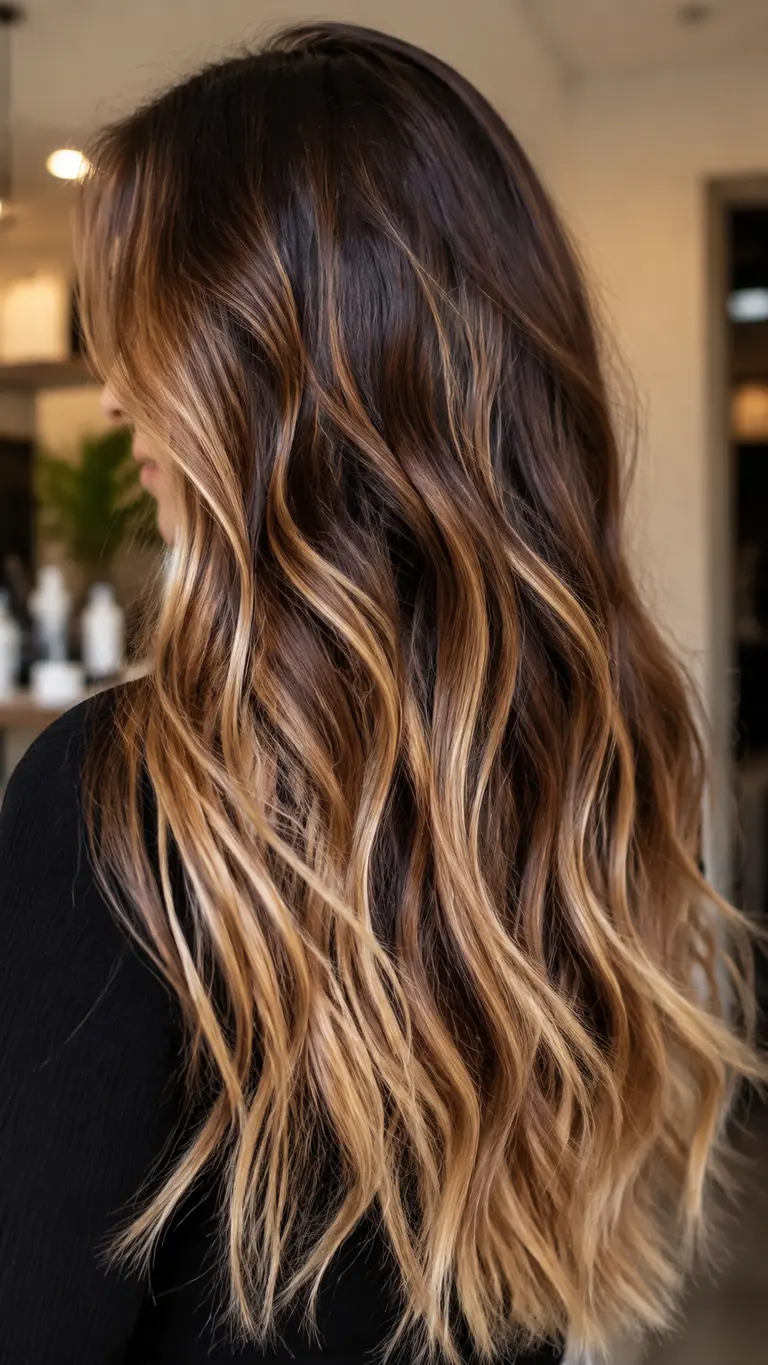 Long brunette hair with copper and blonde balayage waves