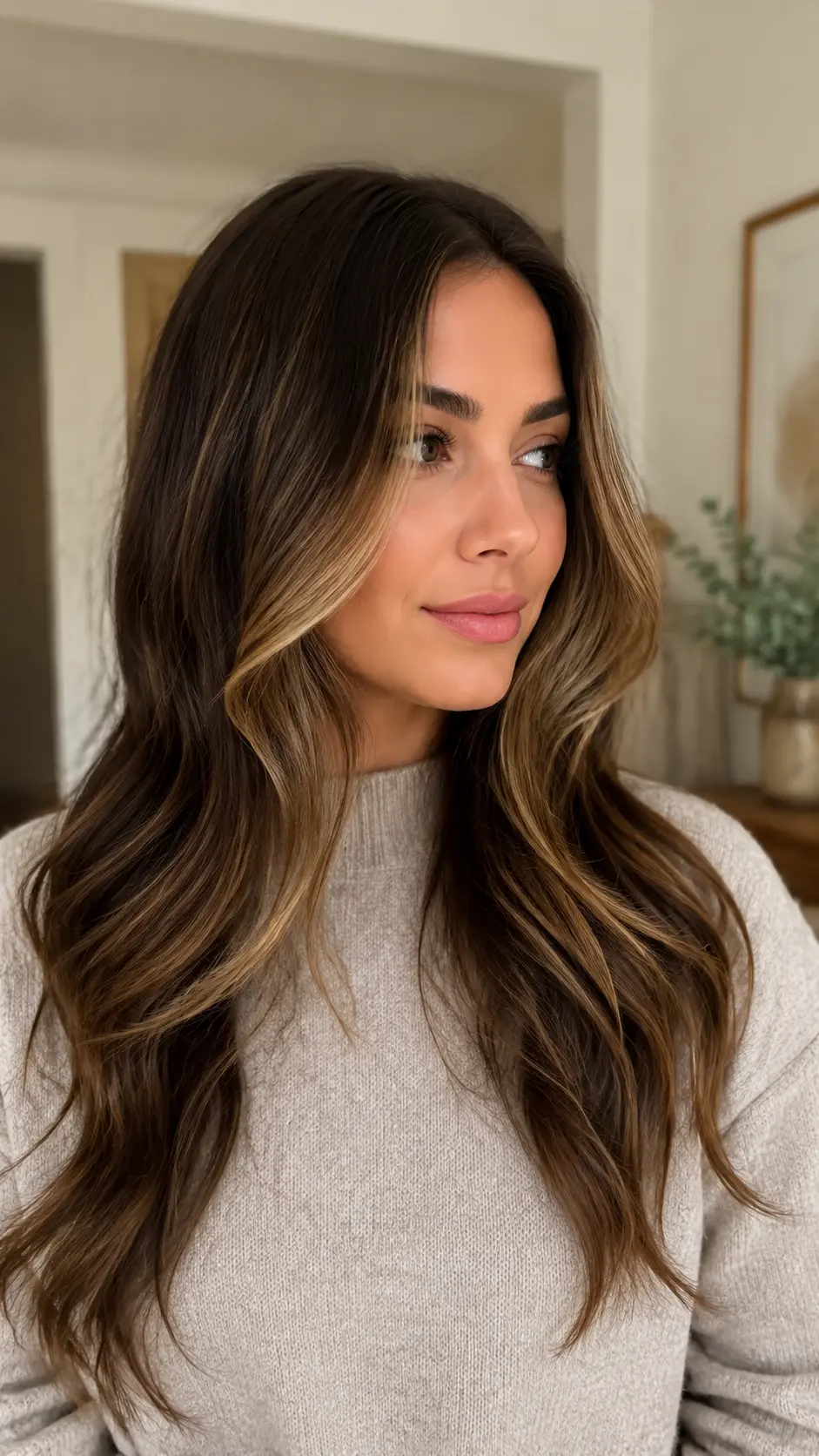 Dark brown hair with honey blonde face-framing highlights