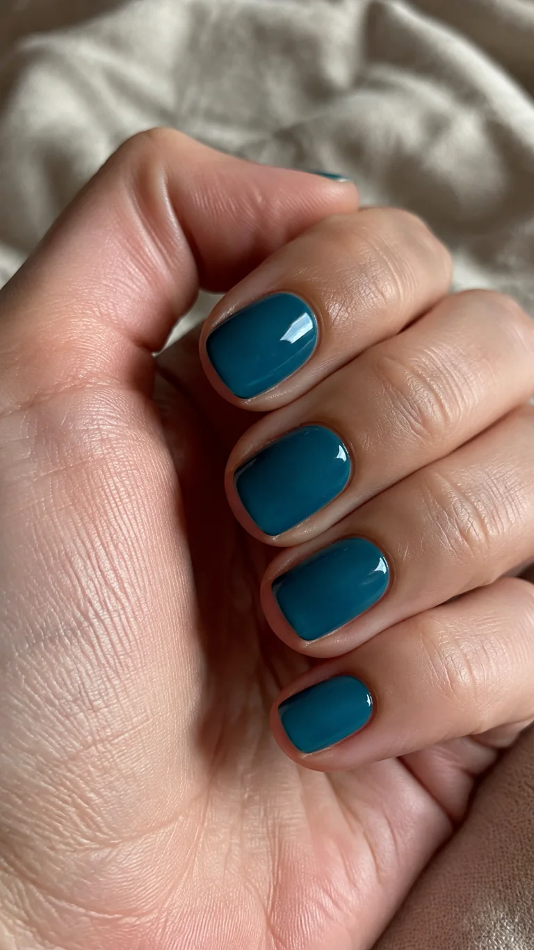 Short glossy medium teal blue nails