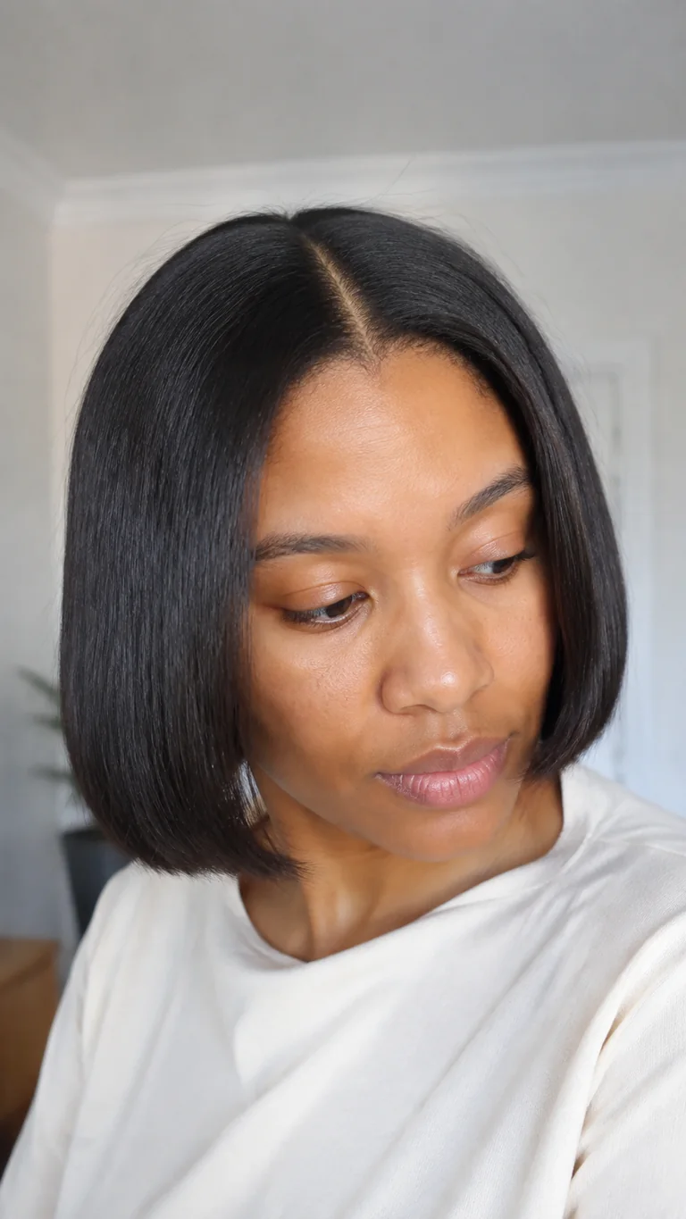 Sleek chin-length bob hairstyle for relaxed hair