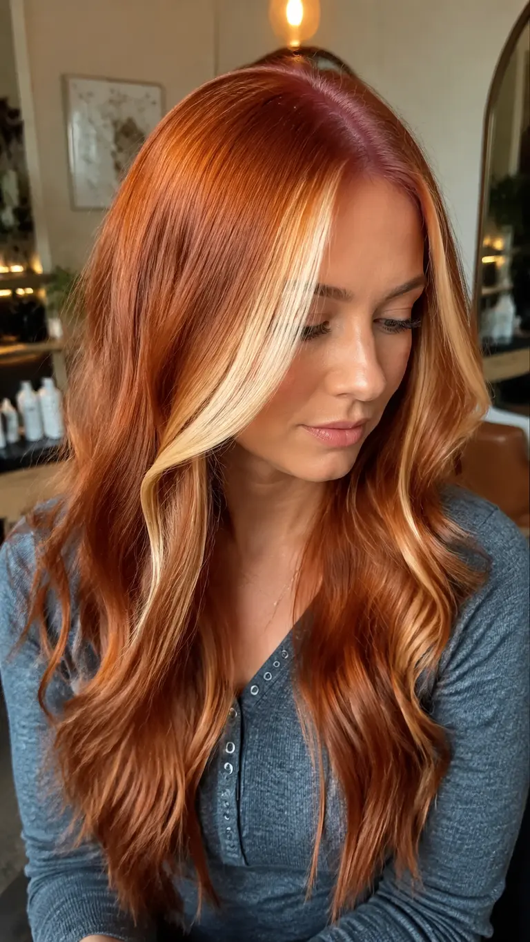 Bright copper hair with creamy blonde money pieces