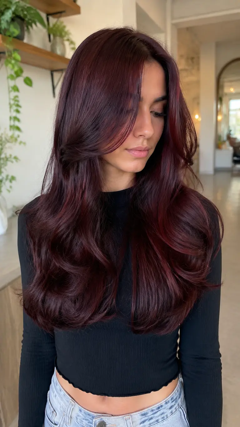 Glossy cherry cola hair color on a brunette base