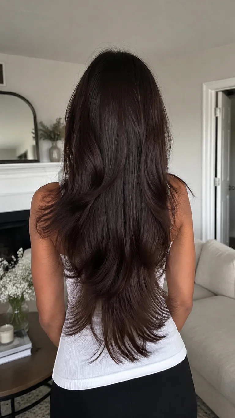 Dark chocolate butterfly haircut shown from the back