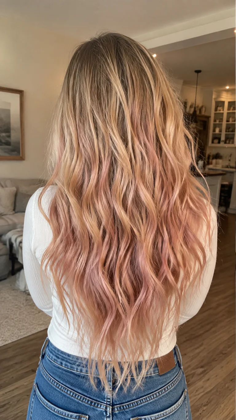 Blonde hair with dusty rose pink balayage waves