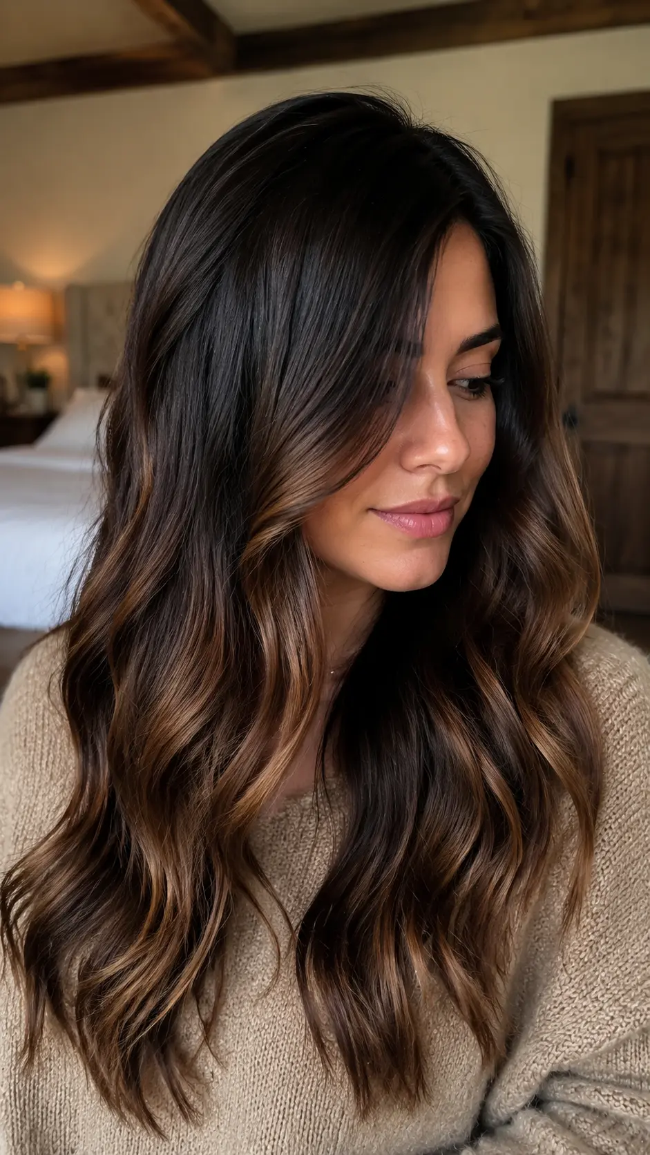 Espresso dark brown hair with caramel blonde balayage