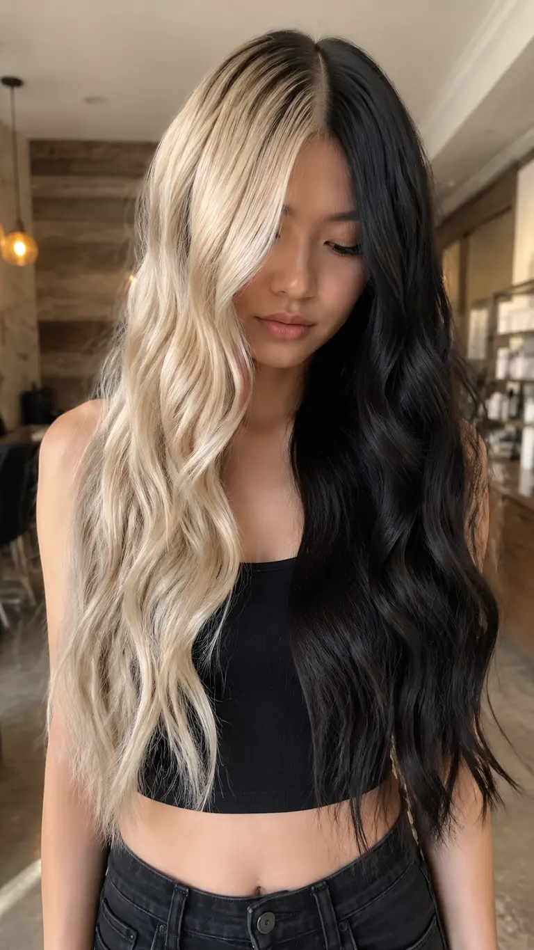 Half blonde half black hair styled in soft waves