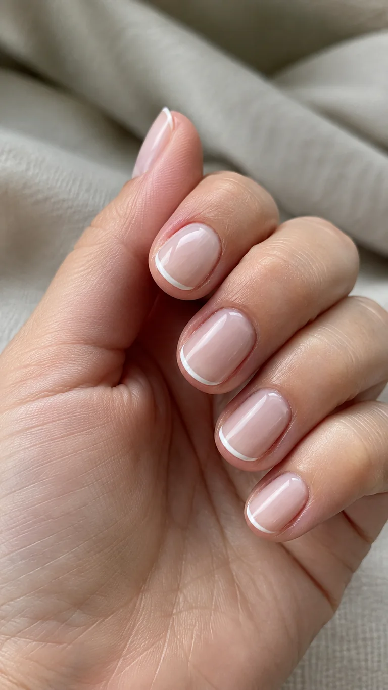 Short milky pink nails with white micro-French tips