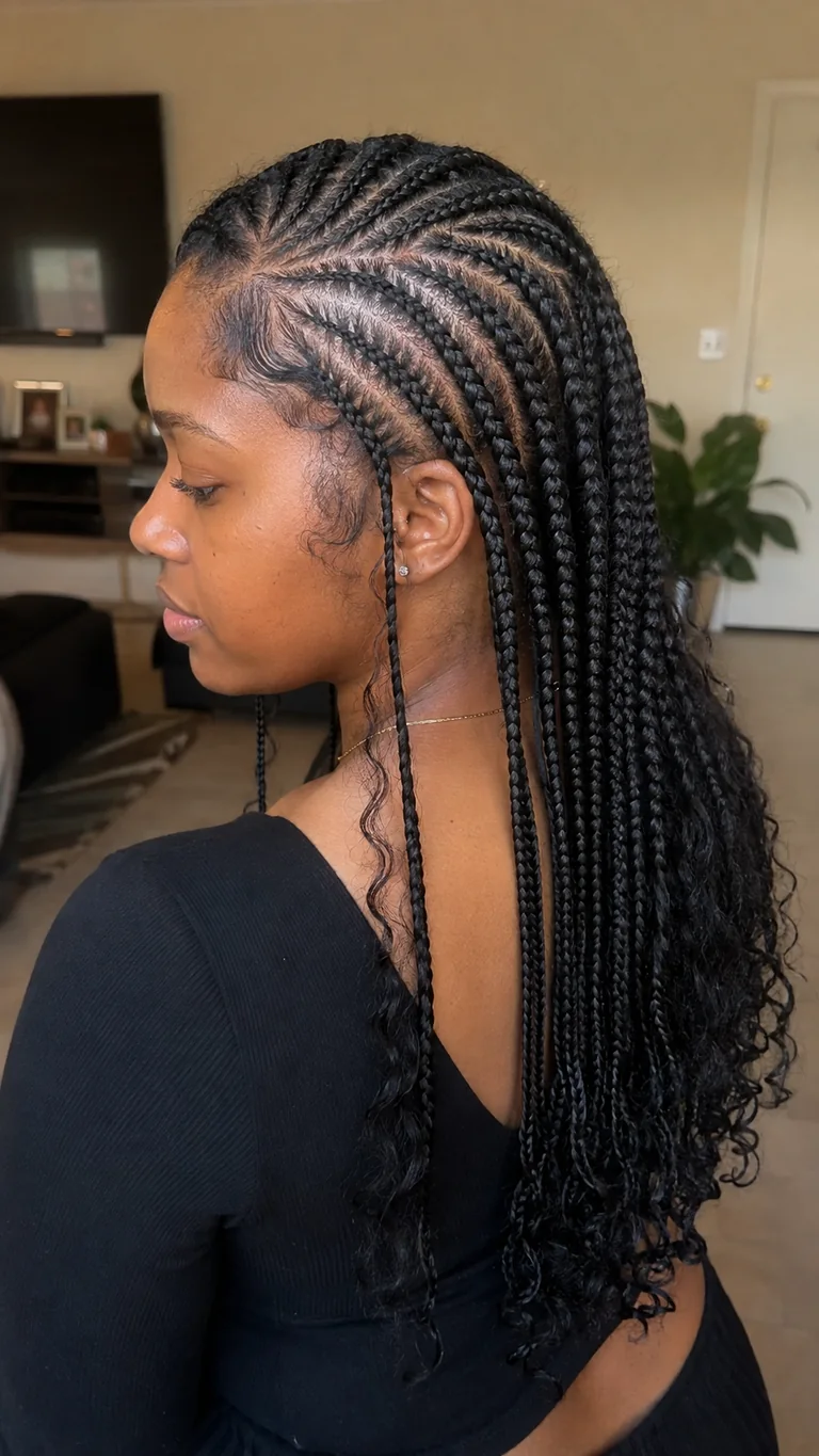 Natural side-part Fulani braids with curly ends
