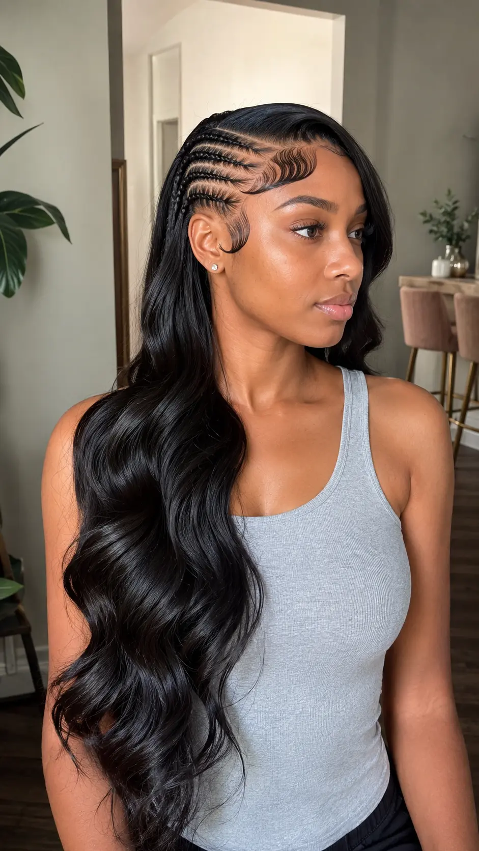 Side-part Jada Wayda hairstyle with glossy body waves