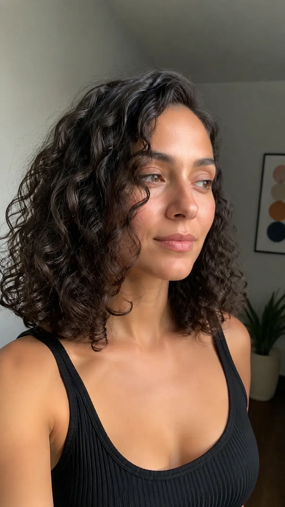Soft shoulder length curly lob hairstyle
