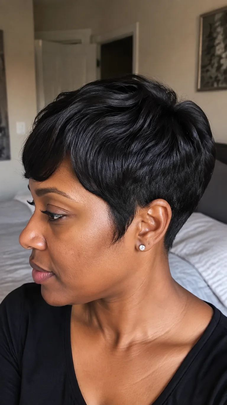 Short wrapped pixie hairstyle for relaxed hair