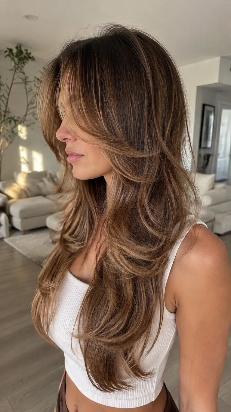 Caramel balayage butterfly haircut with long layers