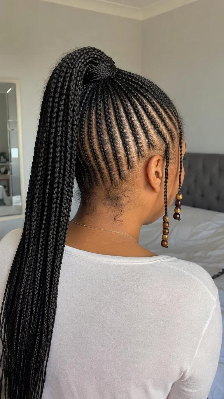 Natural Fulani braids styled in a high ponytail