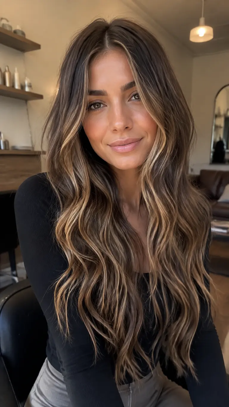 Brunette hair with a honey blonde money piece
