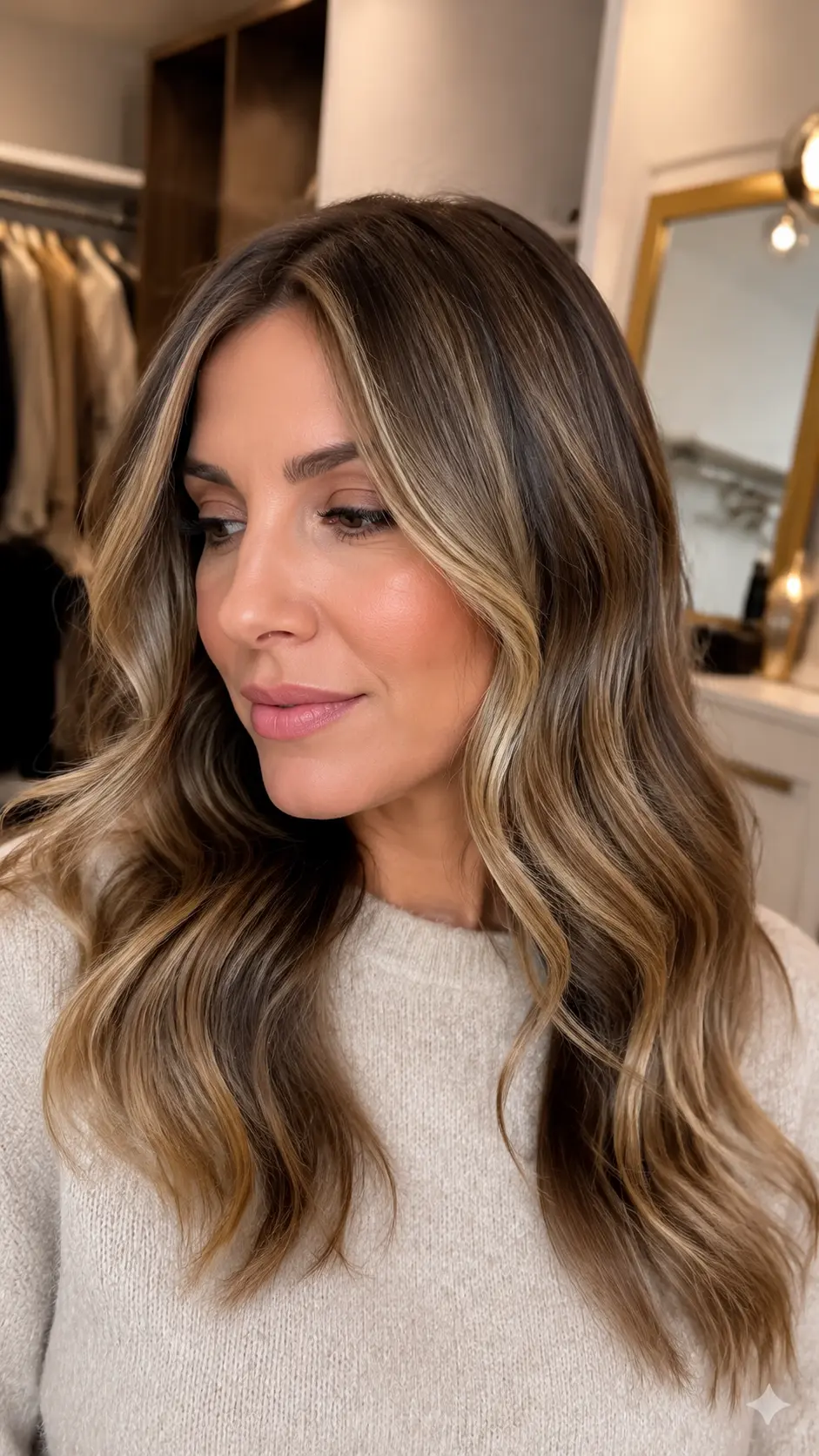 Mocha brown hair with beige blonde ribbon highlights