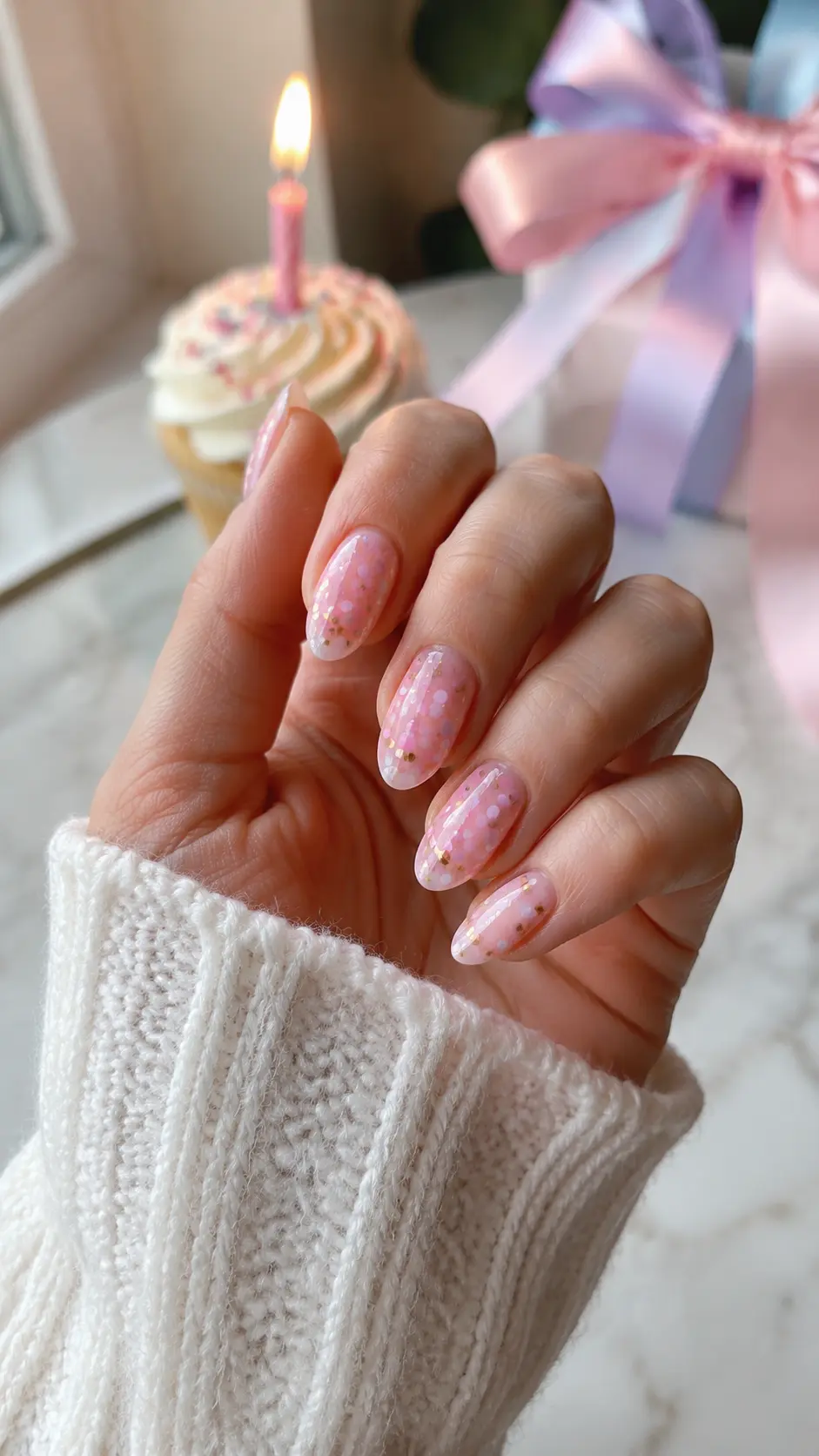Pink Confetti Short Almond Nails