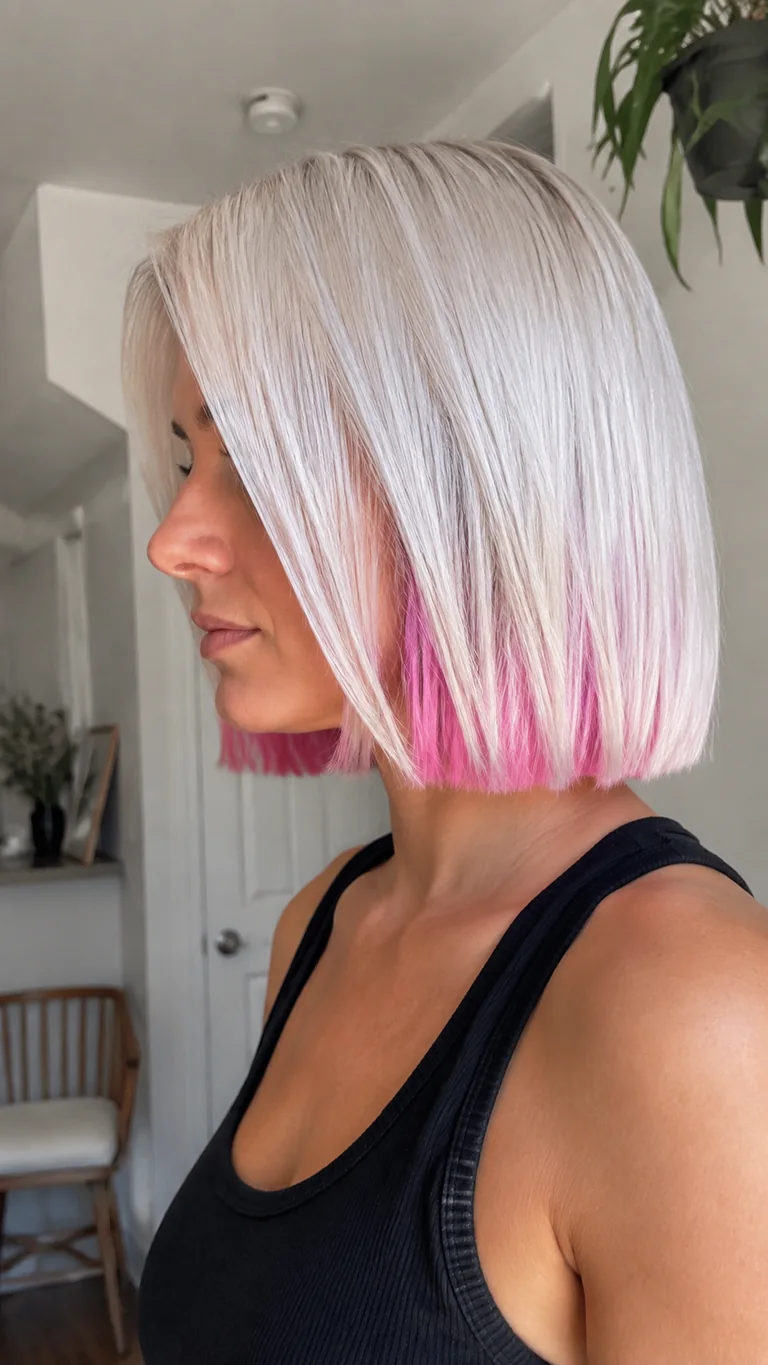 Platinum blonde bob with a pink underlayer