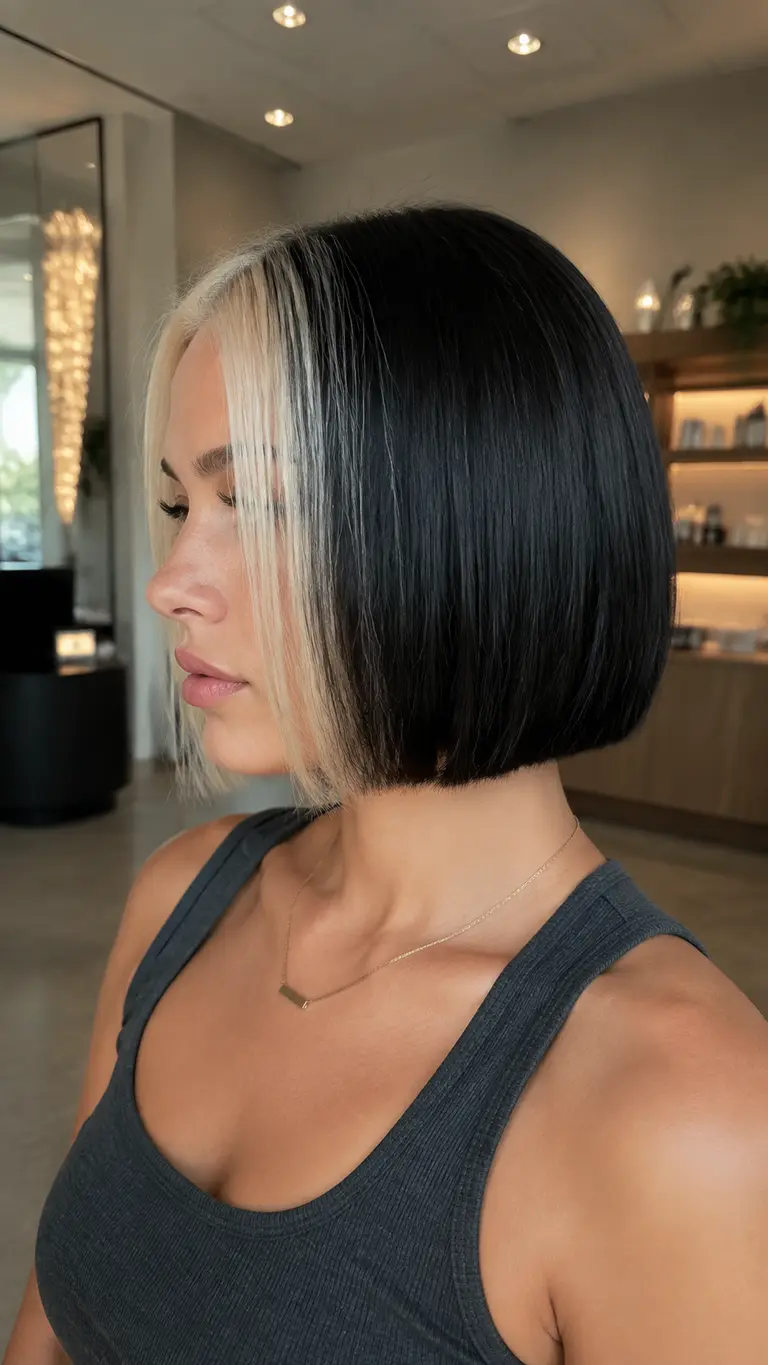 Sleek split dye bob with blonde and black halves