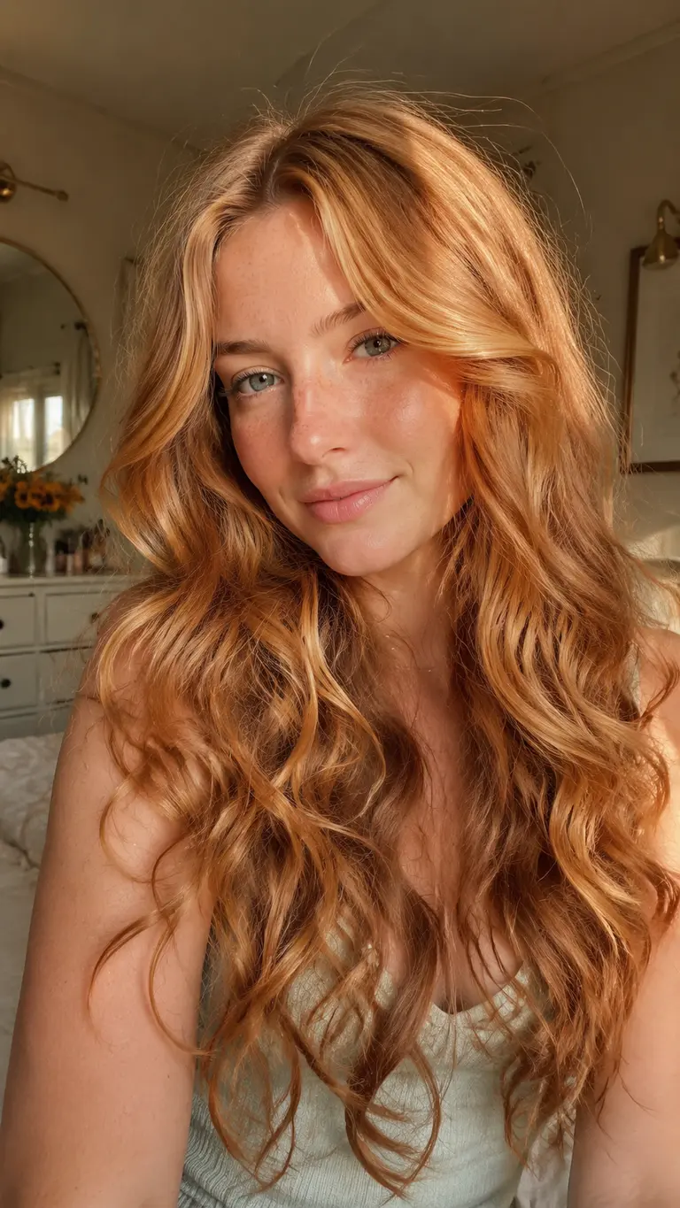 Strawberry copper blonde hair with long soft curls