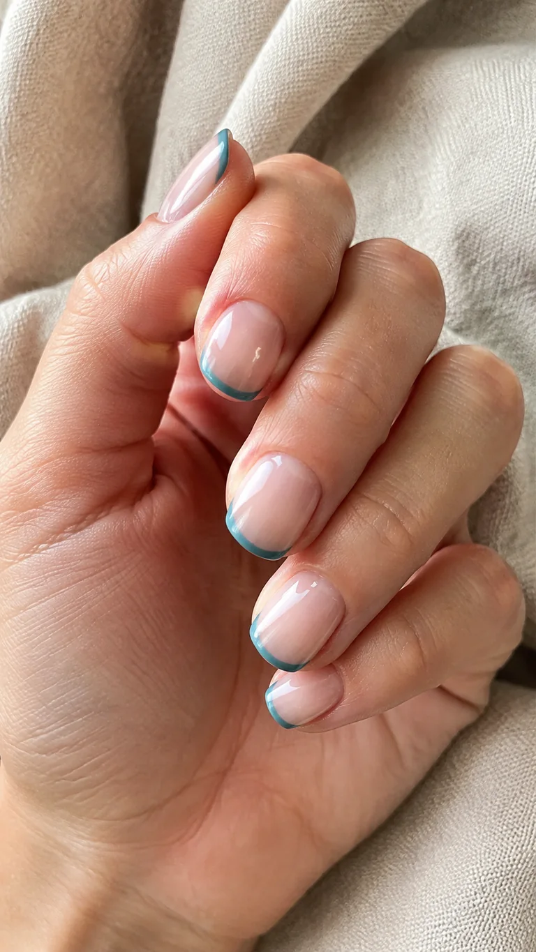 Short nude nails with teal blue French tips