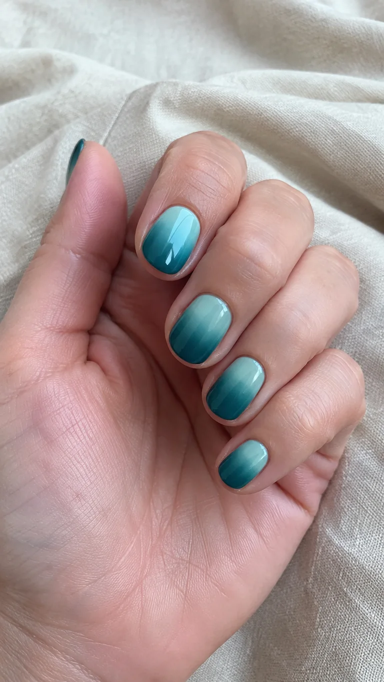 Short aqua to teal blue ombre nails