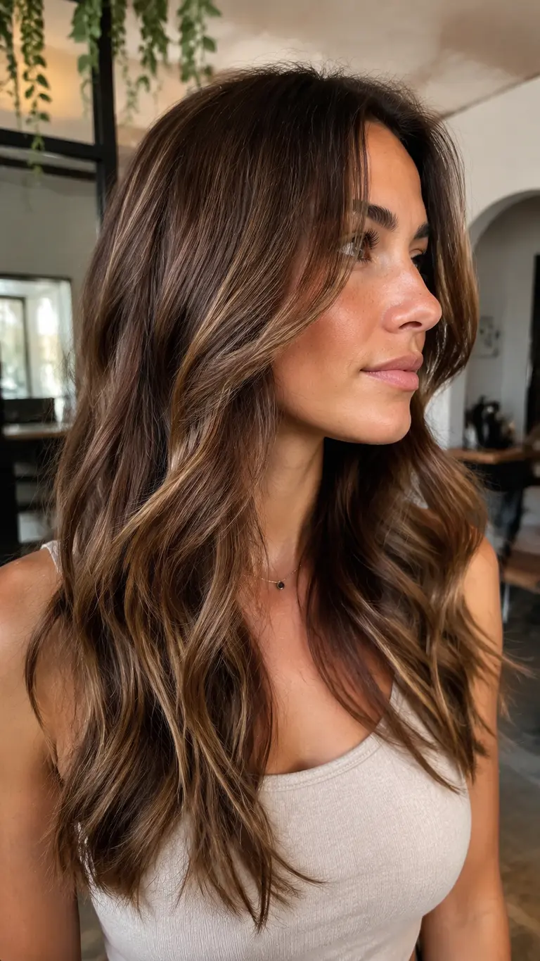 Brunette hair with warm cinnamon brown highlights