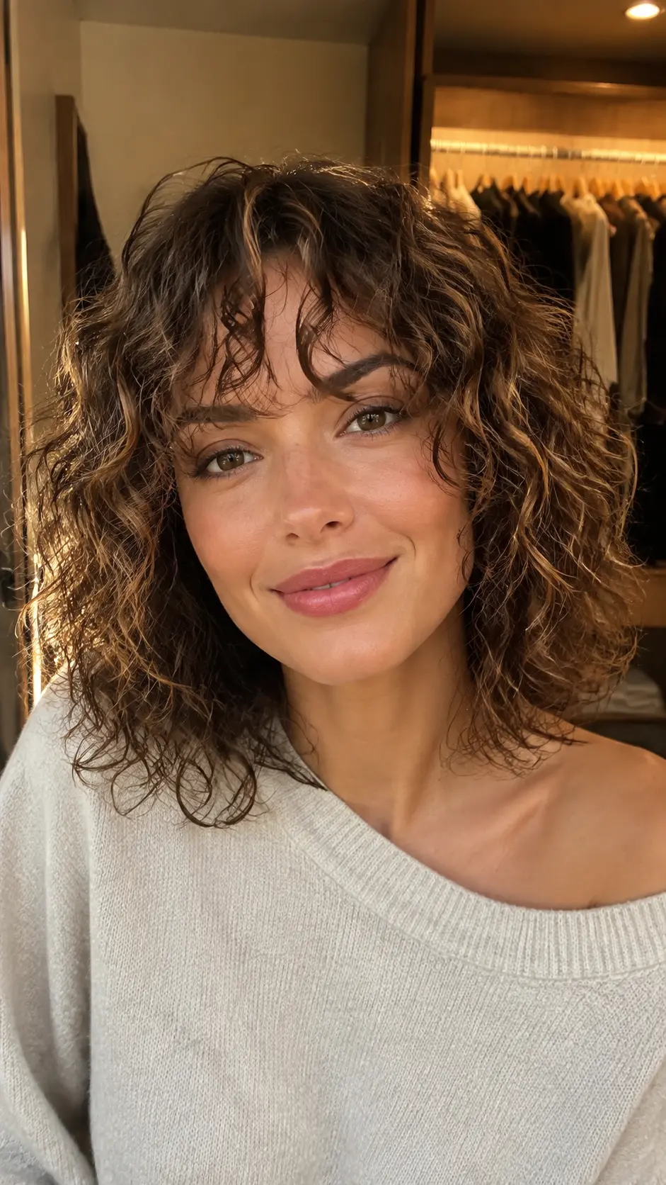 Shoulder length curls with curly curtain bangs