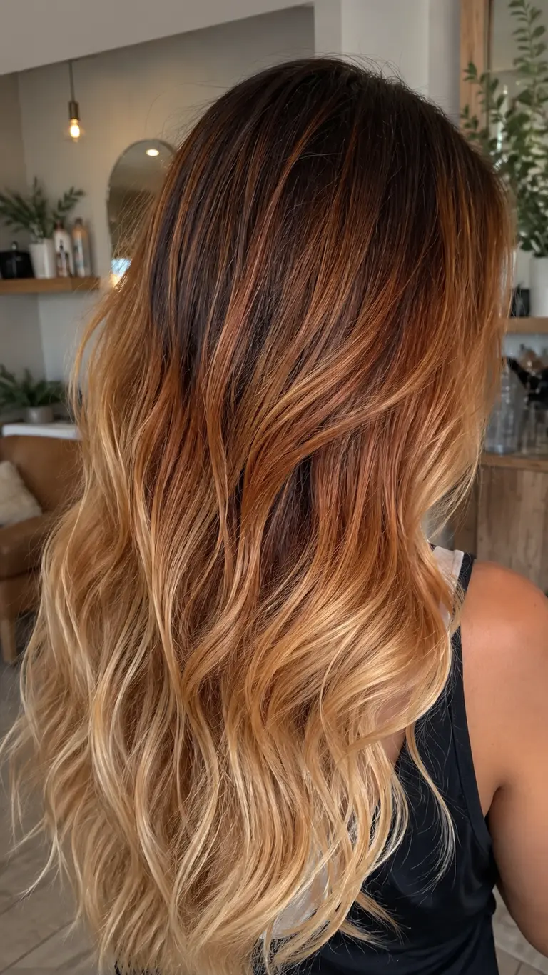 Dark root melt with copper and blonde lengths