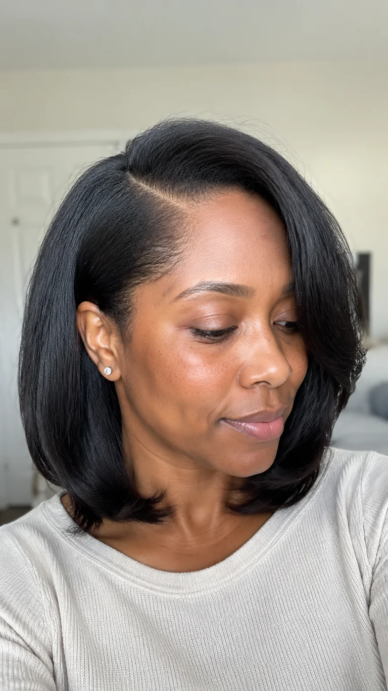 Deep side-part long bob for relaxed hair
