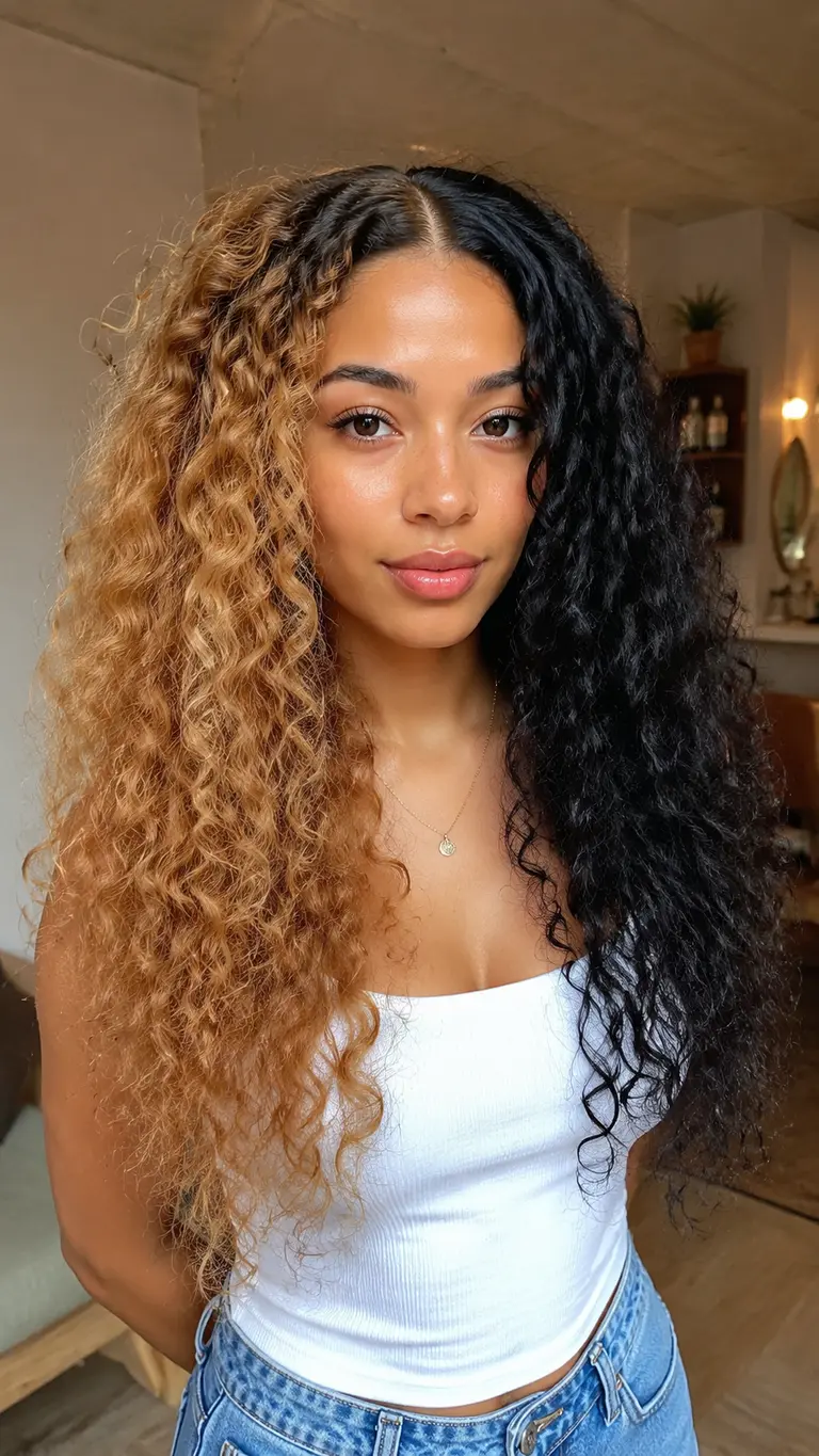 Curly half blonde half black hair with defined spirals