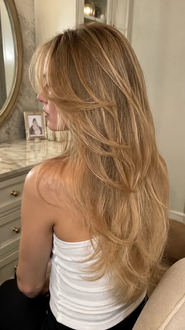 Honey blonde butterfly haircut with long feathered layers