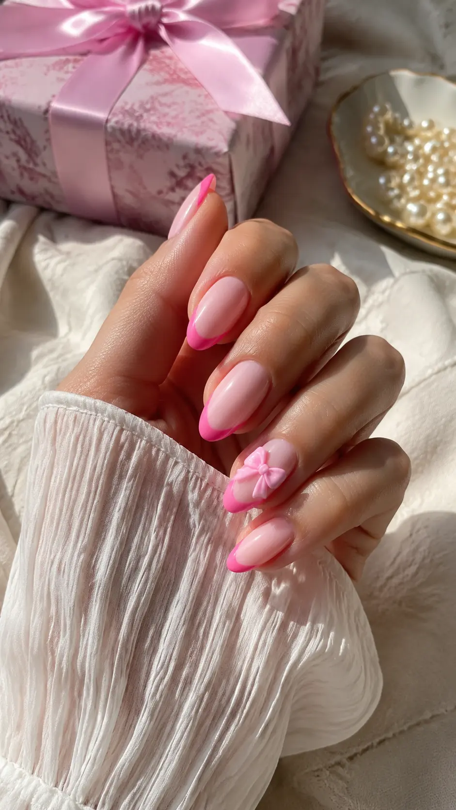 Hot Pink Bow Accent Nails