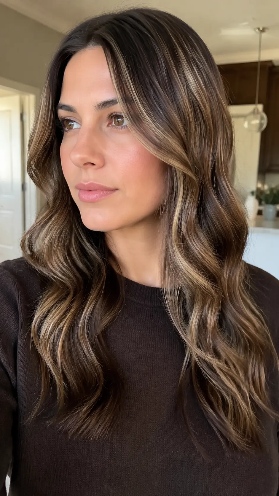 Chocolate brown hair with ash blonde highlights