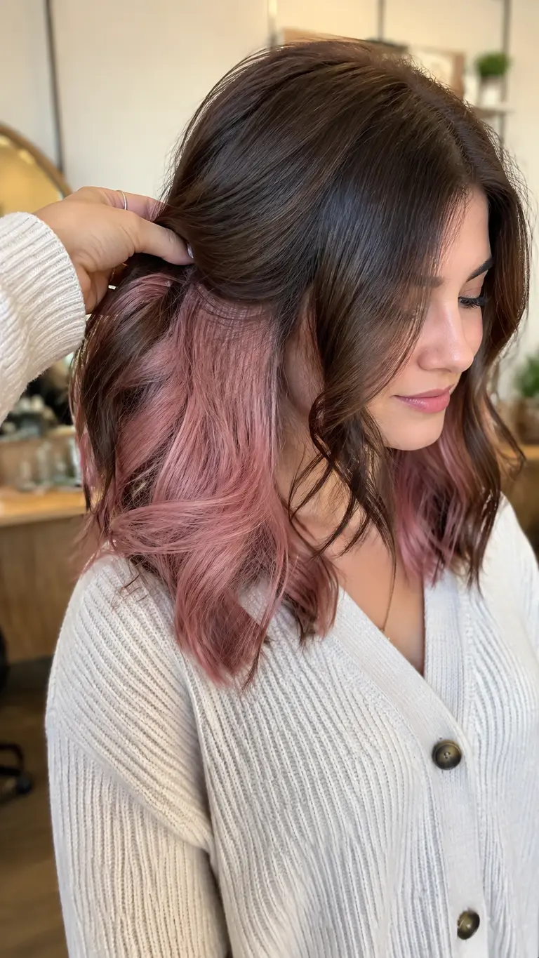 Chocolate brunette hair with pink peekaboo color