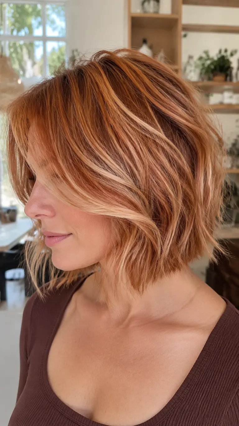 Textured copper bob with fine blonde ribbons