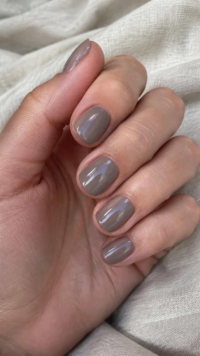Short glossy greige taupe nails