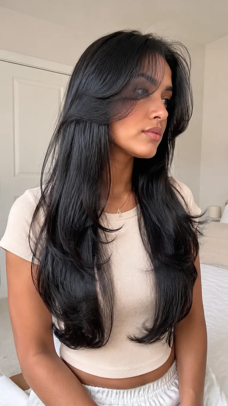 Jet black butterfly haircut with glossy long layers