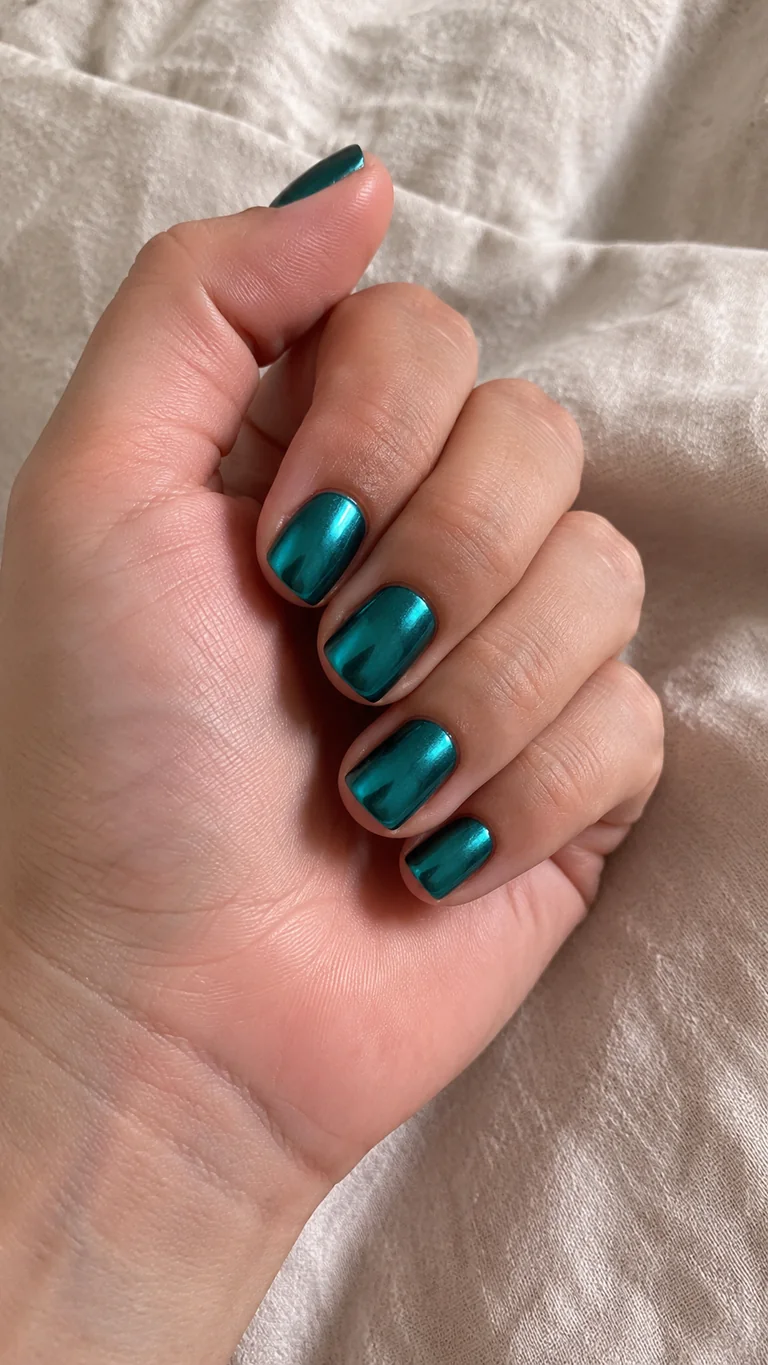 Short teal chrome nails