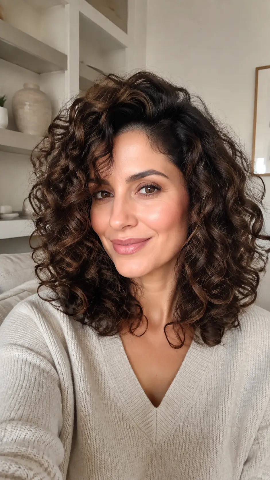 Voluminous rounded shoulder length curly hairstyle