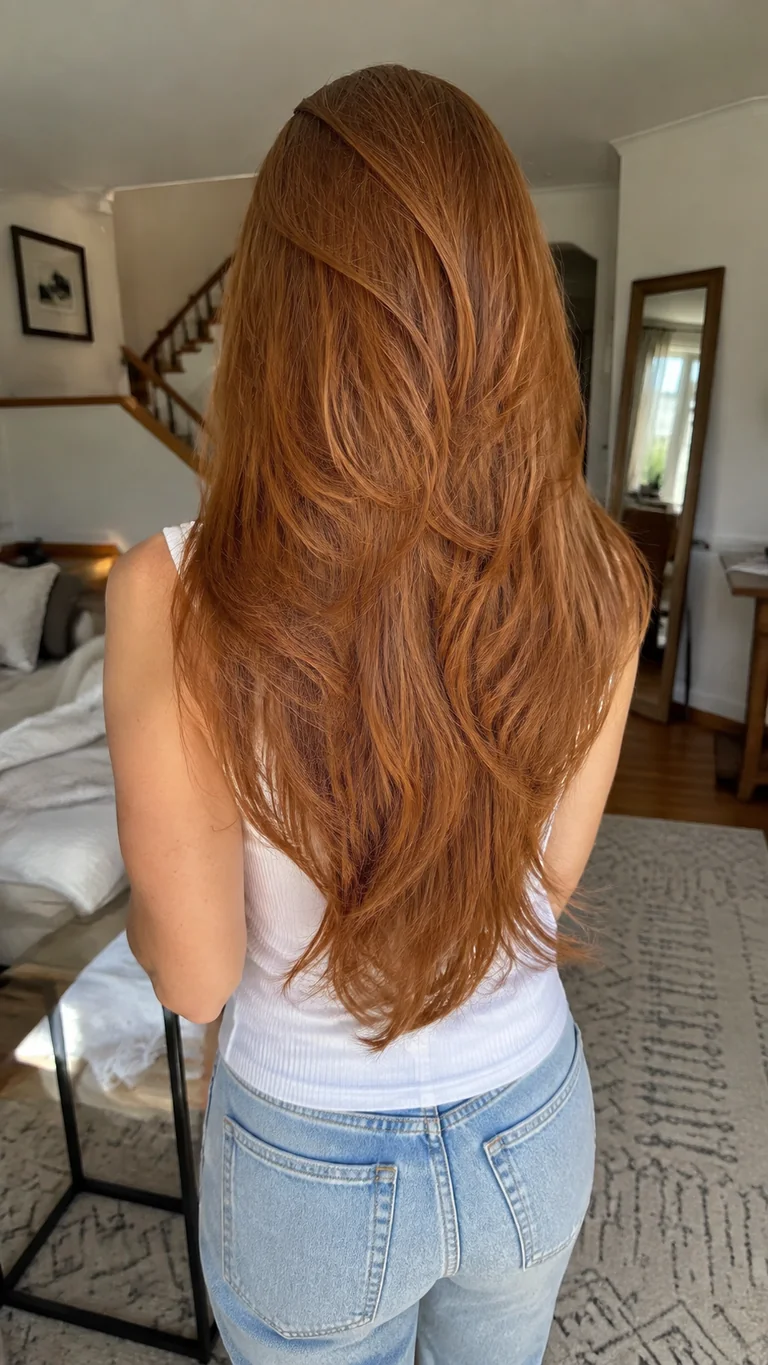 Auburn butterfly haircut with cascading long layers