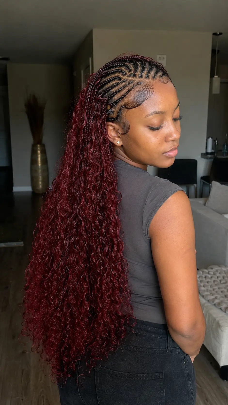 Burgundy Jada Wayda braids with long curls