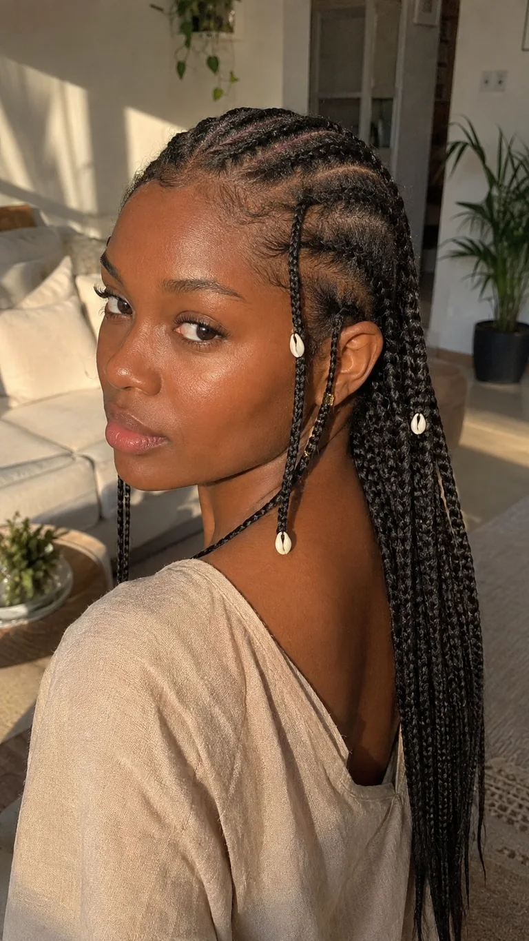 Natural Fulani braids decorated with cowrie shells